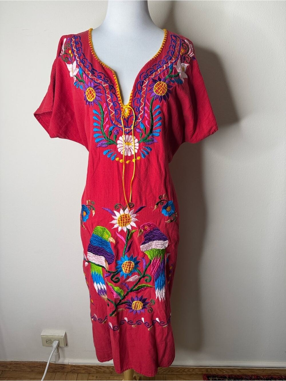 Red Embroidered Traditional Mexican Colorful Bird One Size Dress